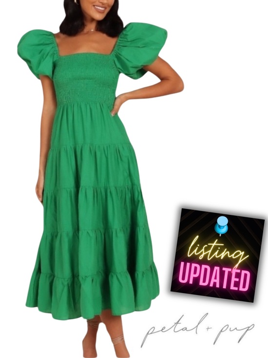 Petal & Pup Dresses & Skirts - PETAL & PUP new Morgan Annette Green Shirred A-Line Puff Sleeve Tier Dress NWOT